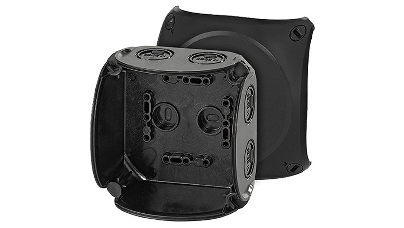 Puszka instalacyjna KF 0200 B natynkowa bez zacisków z linką łączącą pokrywę z podstawą 104x104x70mm hermetyczna IP66 czarna HEN