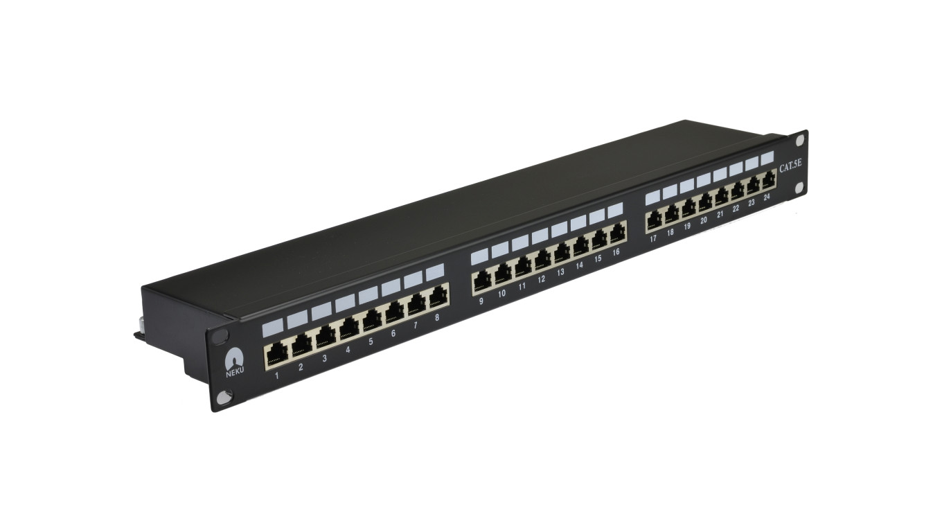Patch panel RACK 19 cali 1U kat.5e 24p FTP z półką czarny NEKU