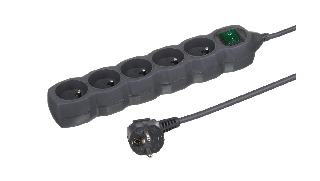 Przedłużacz 5-gniazdowy, 3m grafit, z wyłącznikiem, 3x1,0mm OWY / 24350