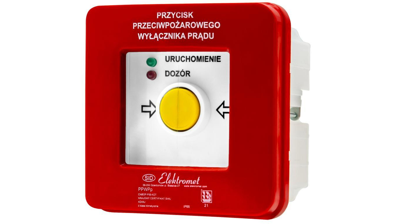 Przycisk ppoż wyłącznika prądu p/t 2 tory prądowe 12A, NC-NO, diody uniwersalne (230V AC lub 24V DC) czerwona/zielona PPWPp-1s A