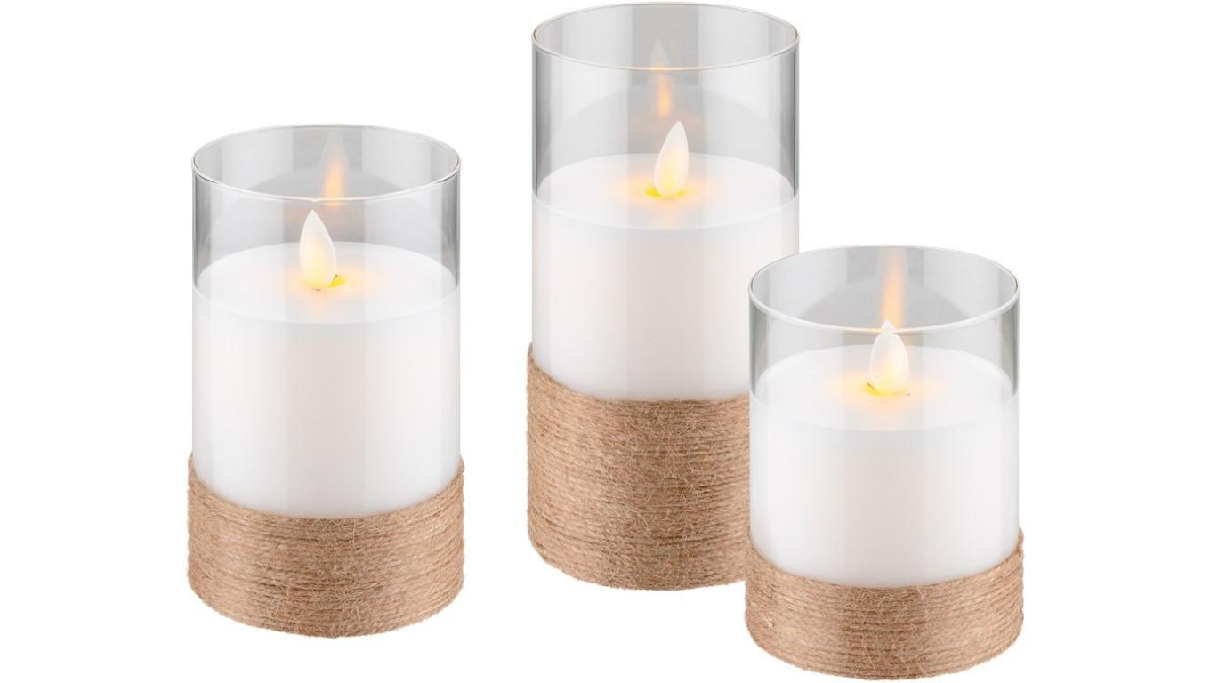 Zestaw 3 świec LED z prawdziwego wosku w szklance, białe