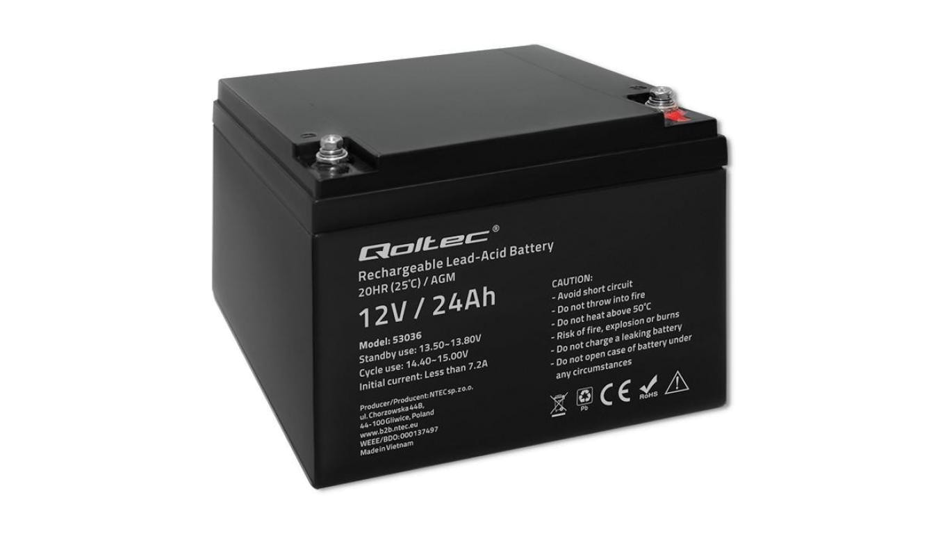 Qoltec Akumulator AGM 12V 24Ah Bezobsługowy Wydajny LongLife do UPS, skutera