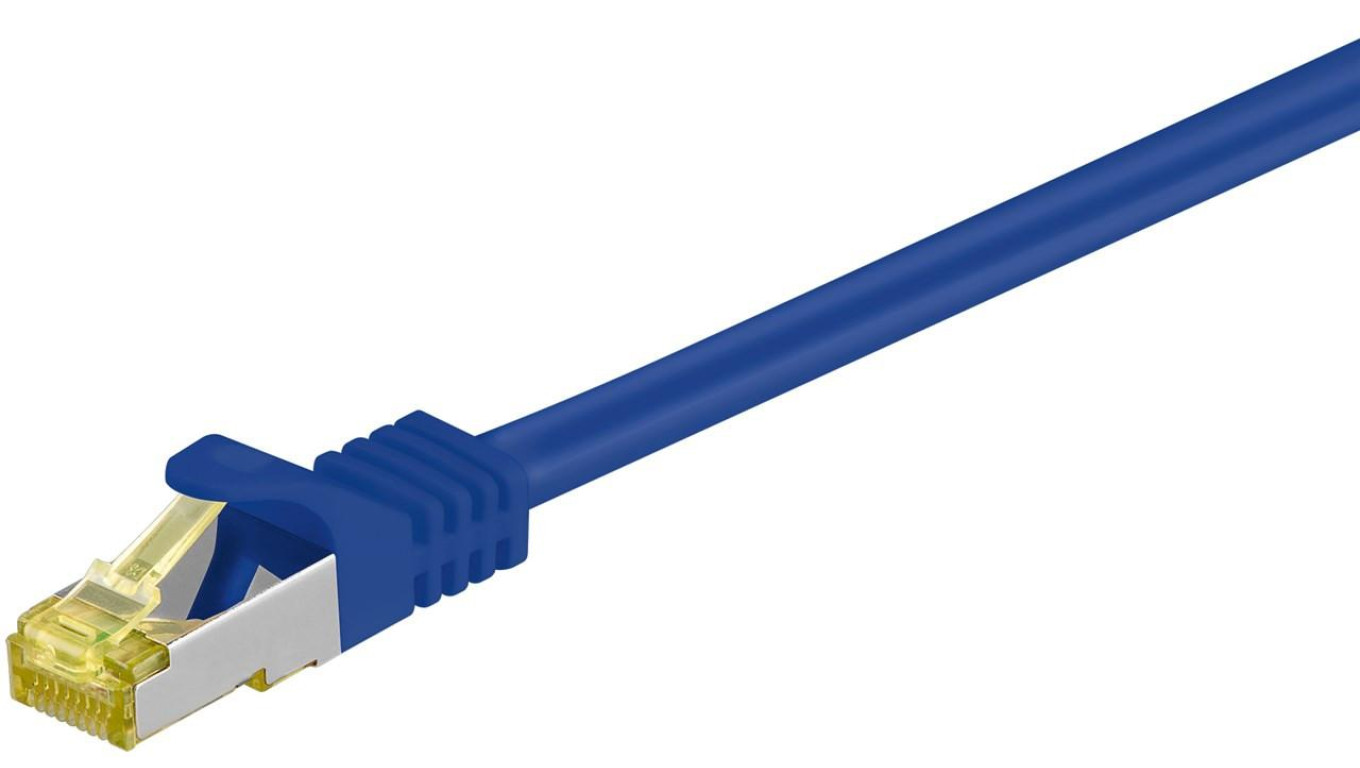 RJ45 patchkabel, CAT 6A S/FTP (PiMF), 500 MHz z CAT 7 kable surowym, Niebieski - Długość kabla 0.5 m