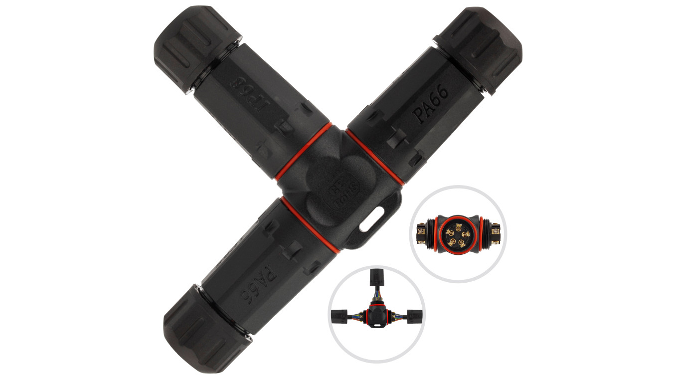 Mufa hermetyczna z dławikami 5x4mm2 IP68 PA66 250V trójnik T czarna NEKU