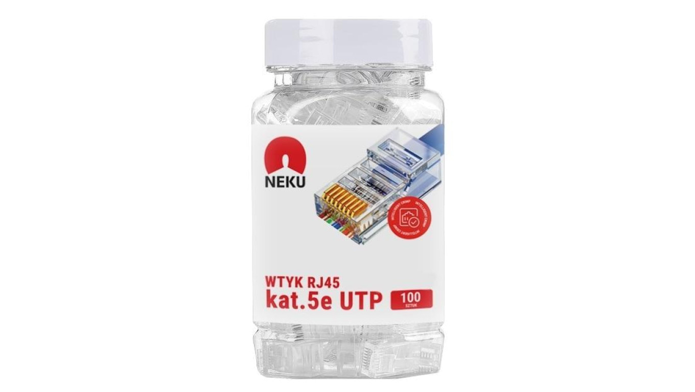 Wtyk modularny RJ45 8P8C kat.5e nieekranowany UTP uniwersalny drut linka NEKU opakowanie SŁOIK 100szt.
