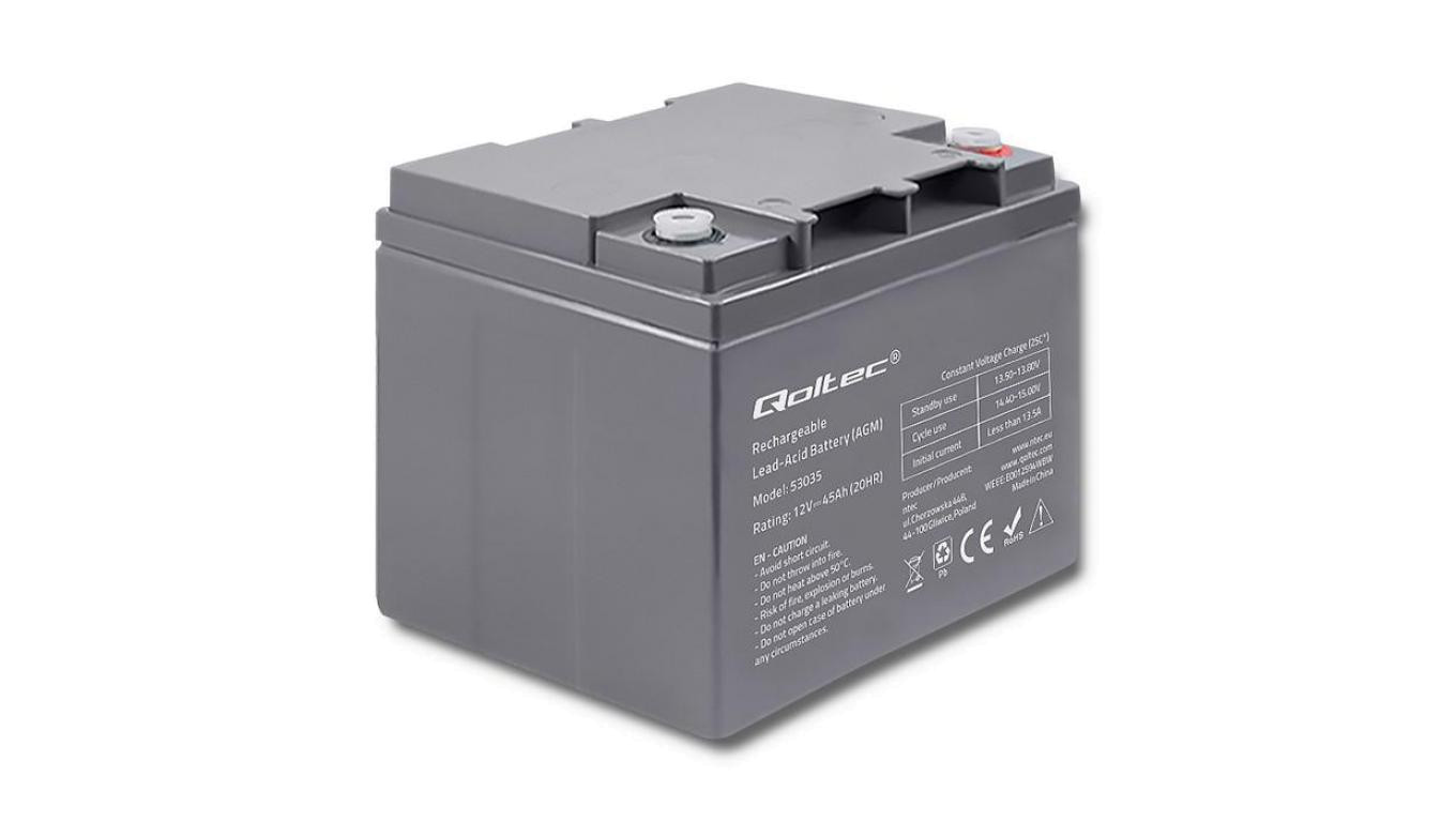Qoltec Akumulator AGM 12V 45Ah Bezobsługowy Mocny LongLife do UPS, kampera, łodzi, pieca