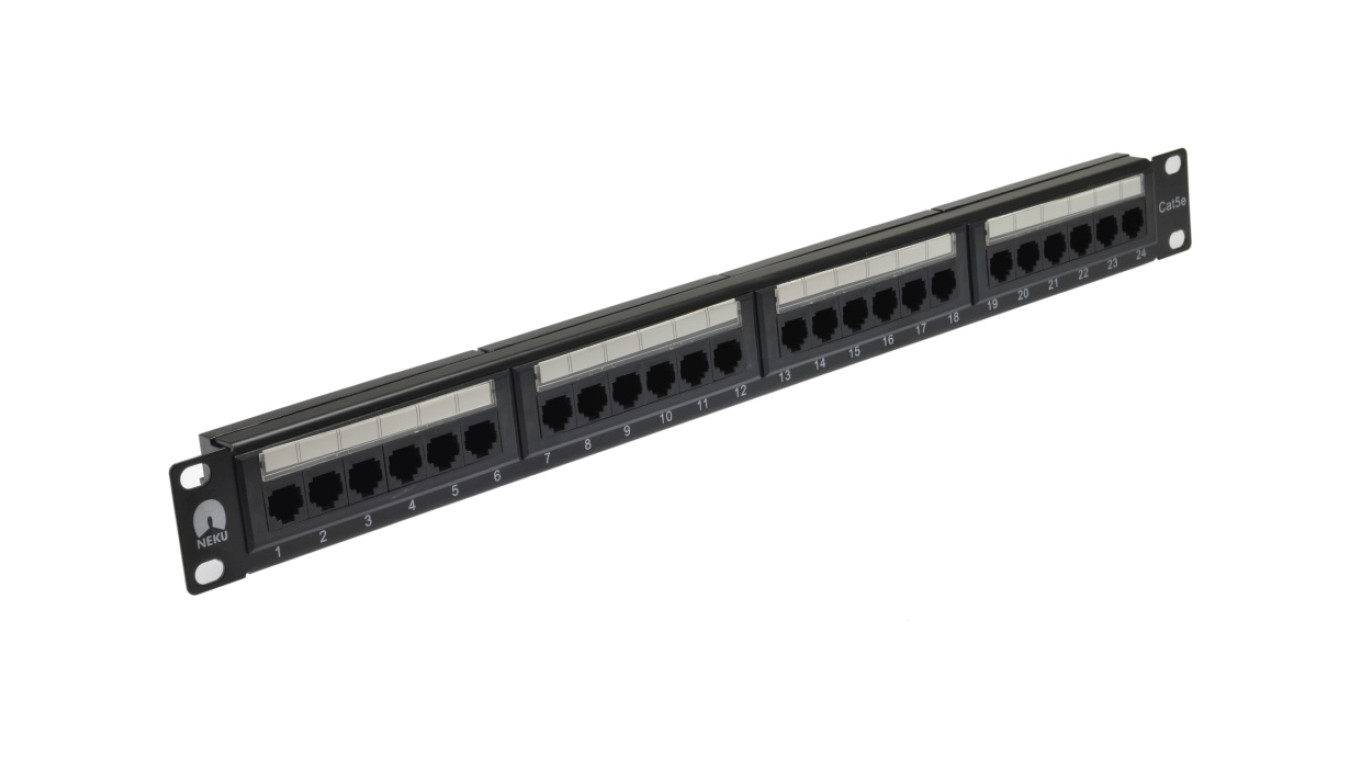 Patch panel RACK 19 kat.5e 24p UTP 1U czarny NEKU