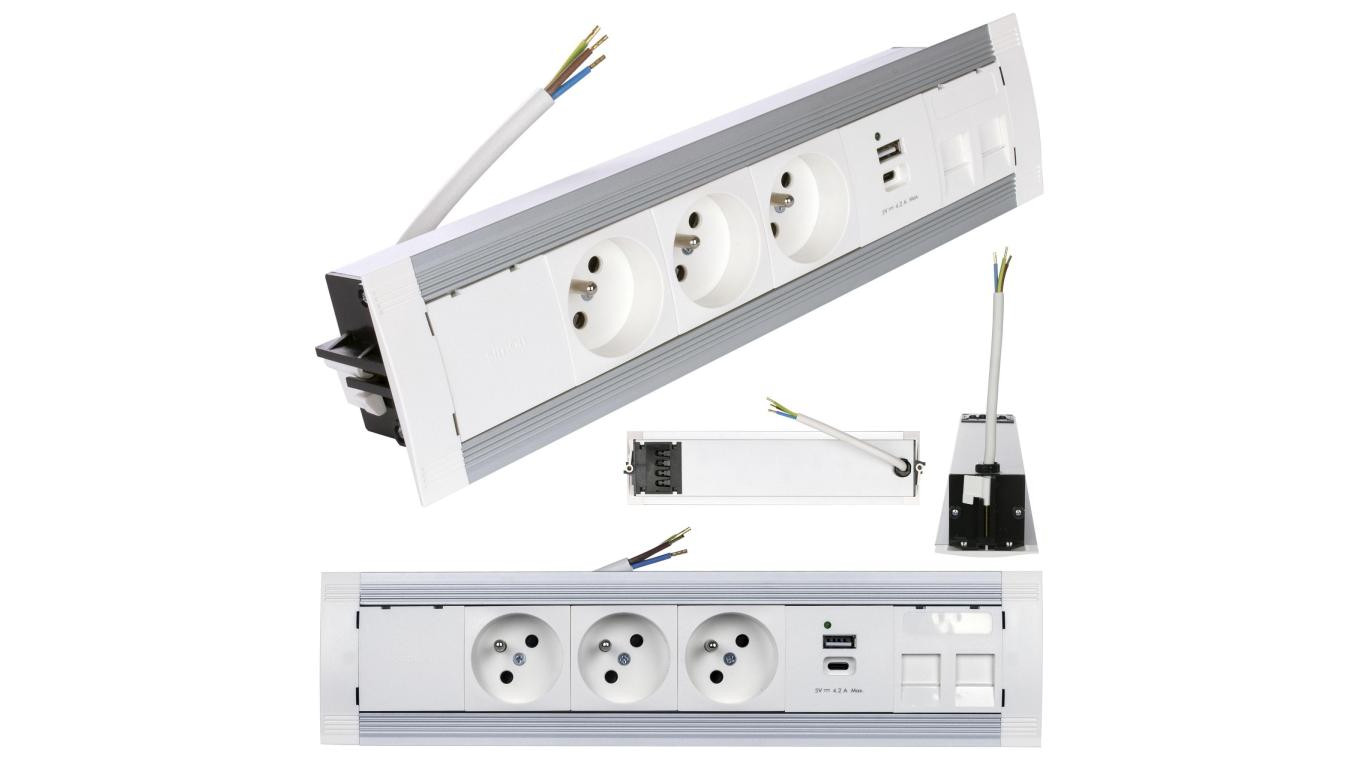 Simon 480 Listwa zasilająca na 3 gniazda + 2 gniazda USB (typ A + typ C) biała
