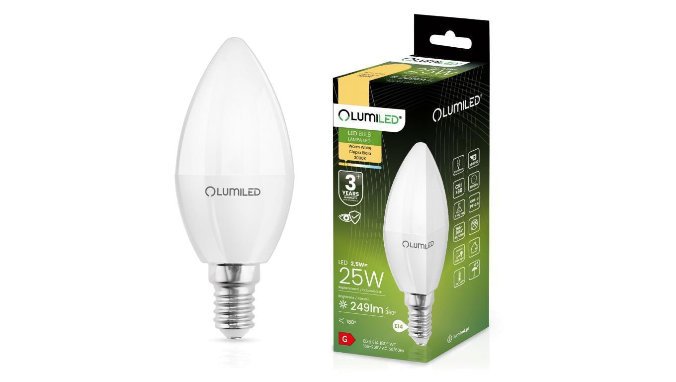 Żarówka LED ŚWIECA B35 E14 2.5W = 25W 249lm 3000K Ciepła 180 Lumiled