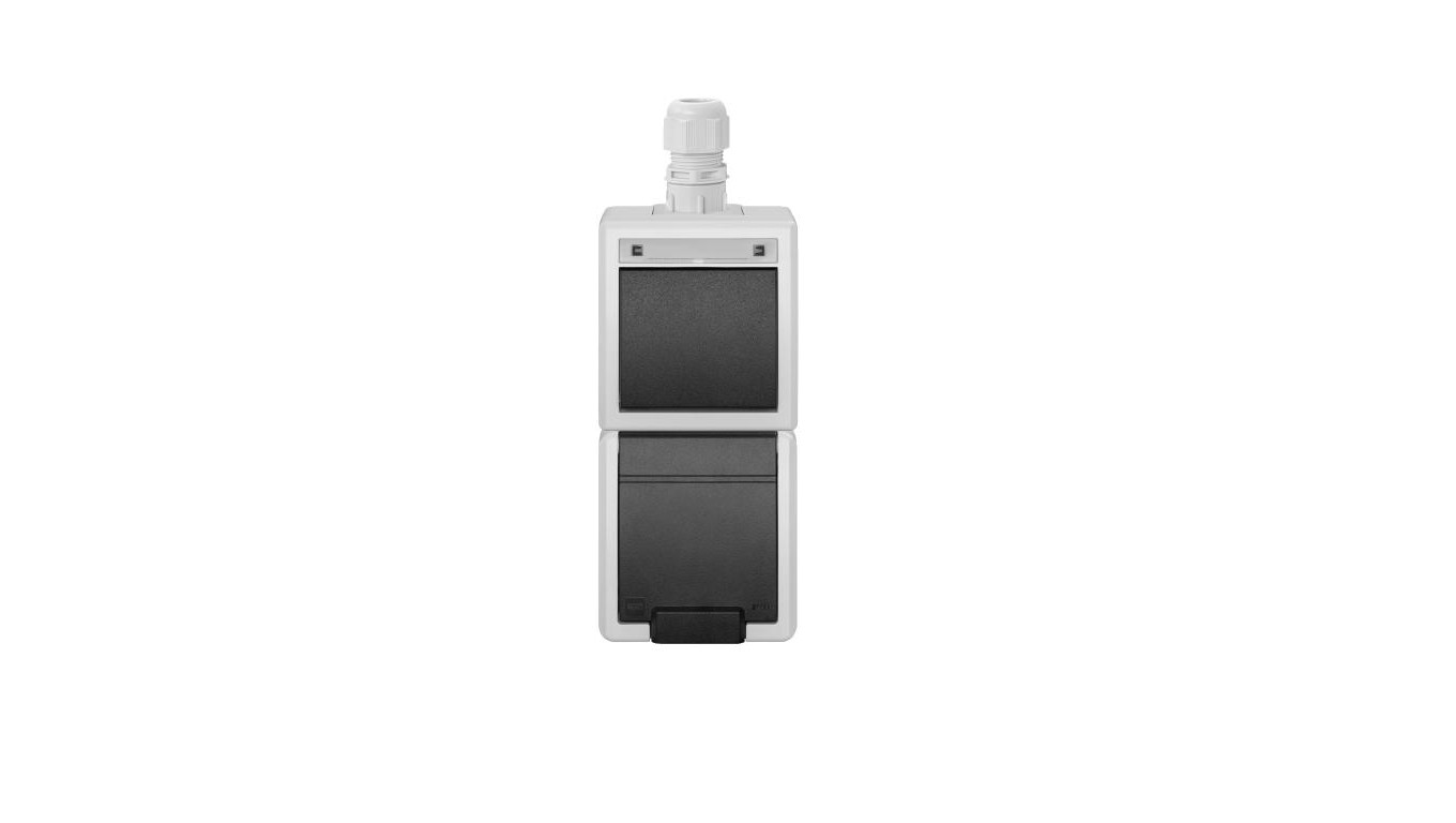 AQUANT 2K zestaw natynkowy pionowy łącznik 1-biegunowy(schodowy)+gniazdo pojedyncze z uziemieniem 2P+Z IP65 szary 5056-65