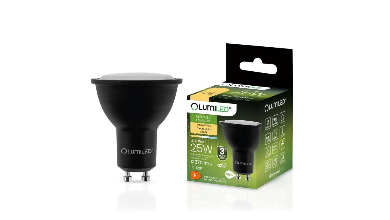Żarówka LED GU10 3W = 25W 270lm 3000K Ciepła 120 Czarna Lumiled