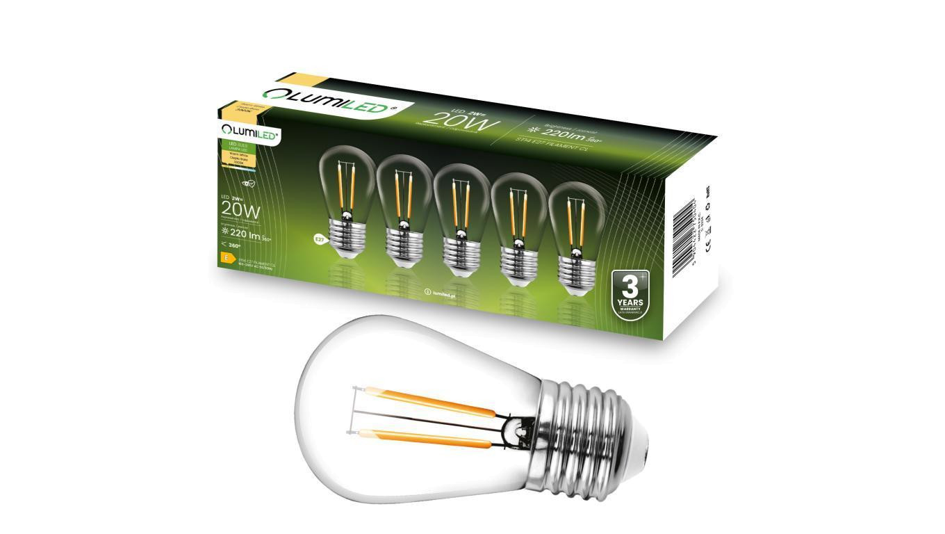 5x Żarówka LED E27 ST14 2W = 20W 3000K Ciepła 220lm Filament do Girlandy LUMILED