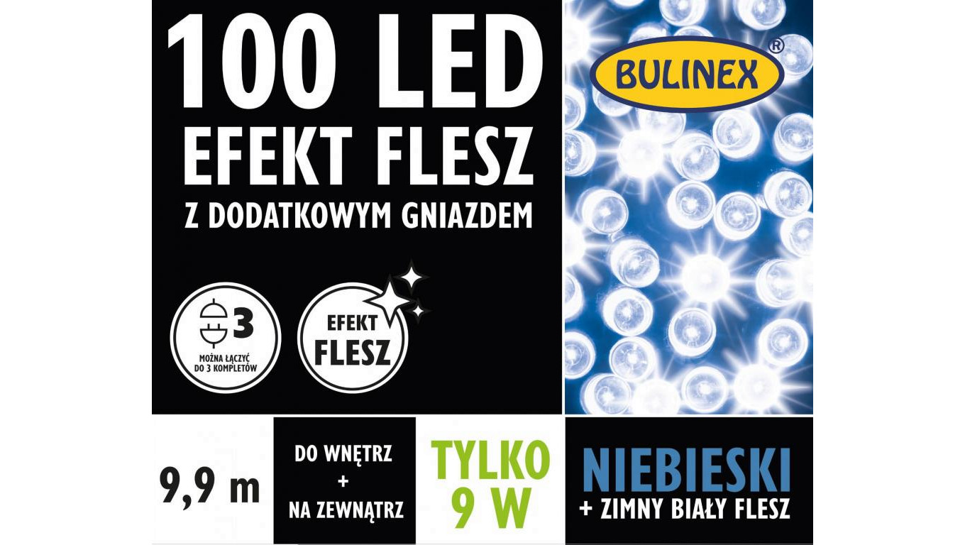 Lampki Bulinex 100led niebieski/biały 9,90m flesz z dodatkowym gniazdem sznur