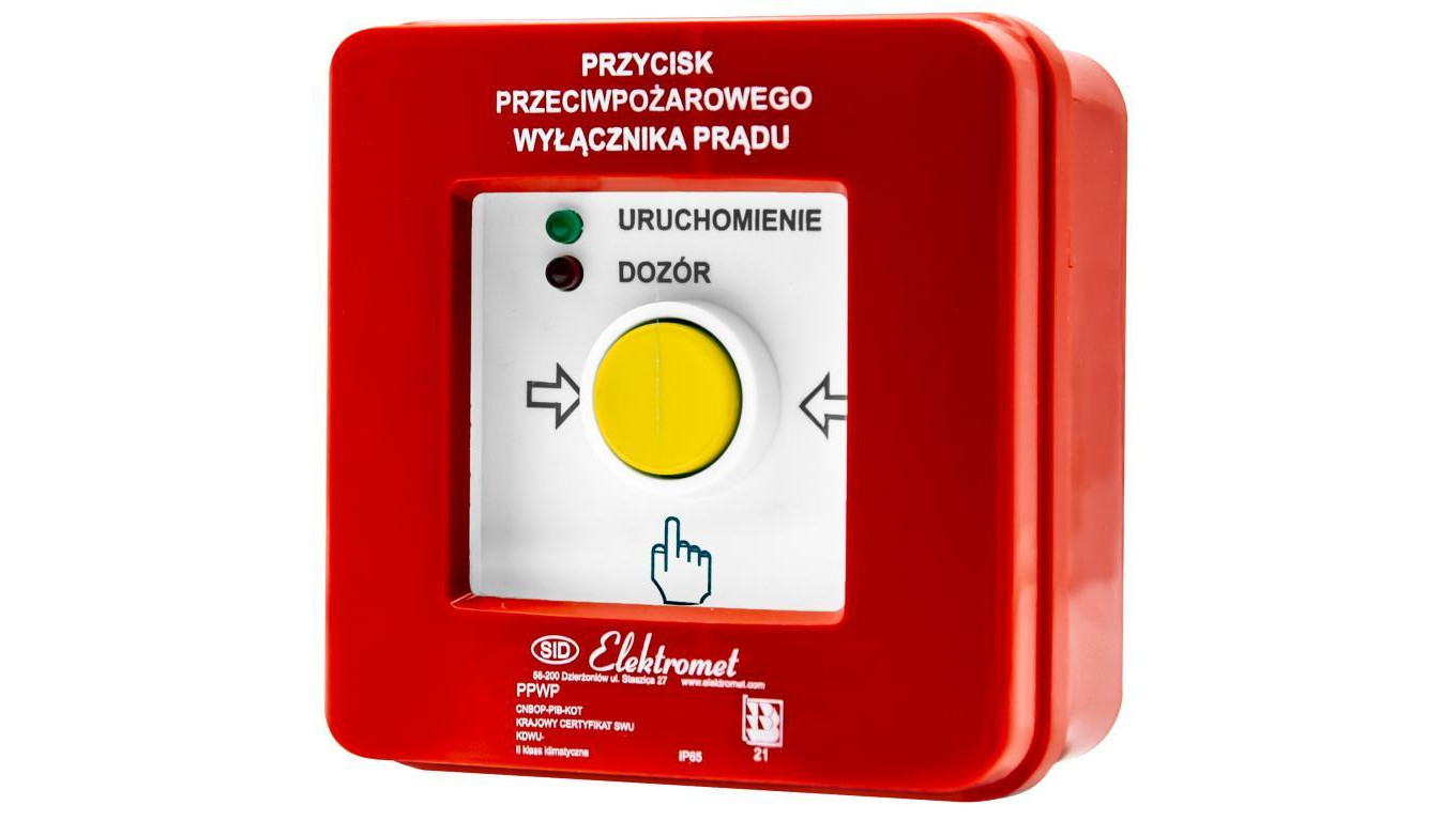 Przycisk ppoż wyłącznika prądu n/t 2 tory prądowe 12A, NC-NO, diody czerwona/zielona PPWP-1 B