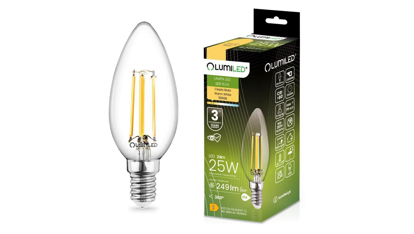 Żarówka LED E14 Świeczka B35 2W = 25W 249lm 3000K Ciepła 360 FILAMENT LUMILED