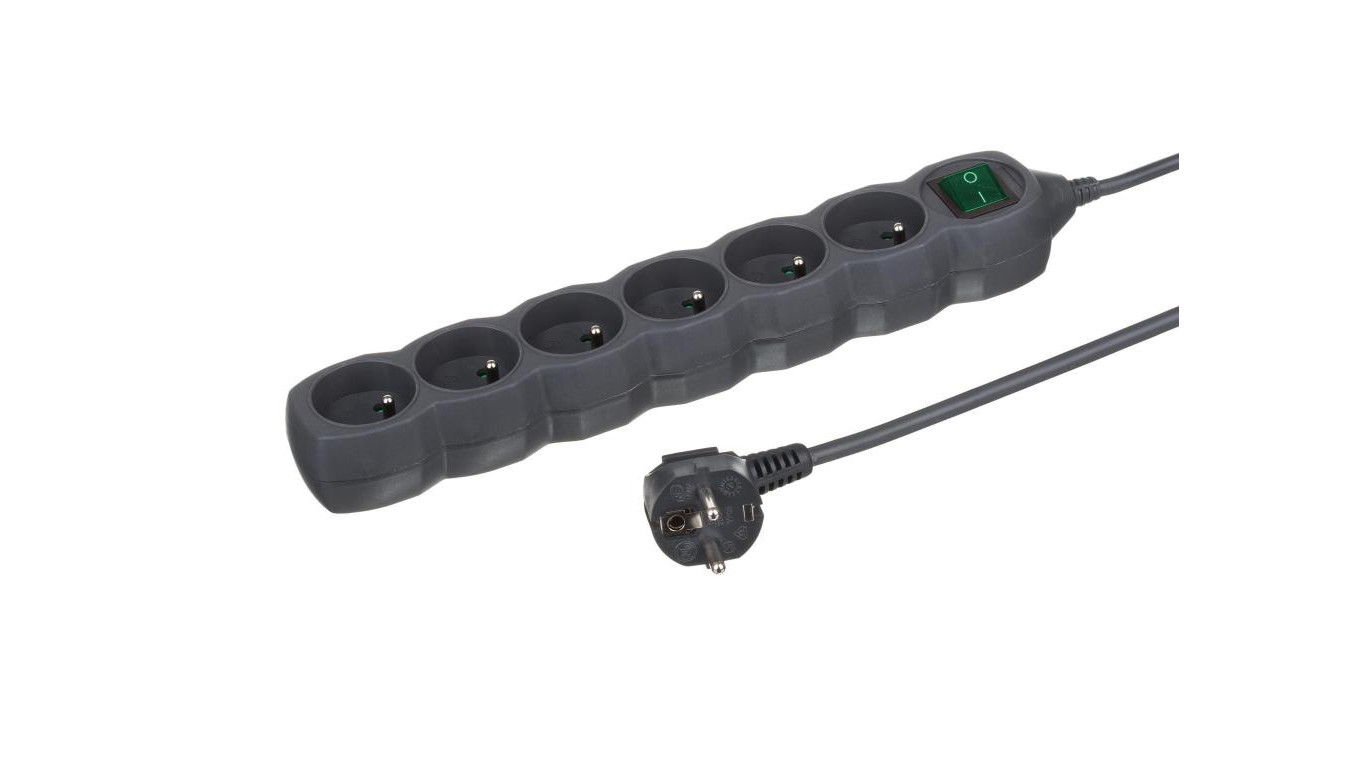 Przedłużacz 6 -gniazdowy, 3m grafit, z wyłącznikiem, 3x1,0mm OWY / 24204