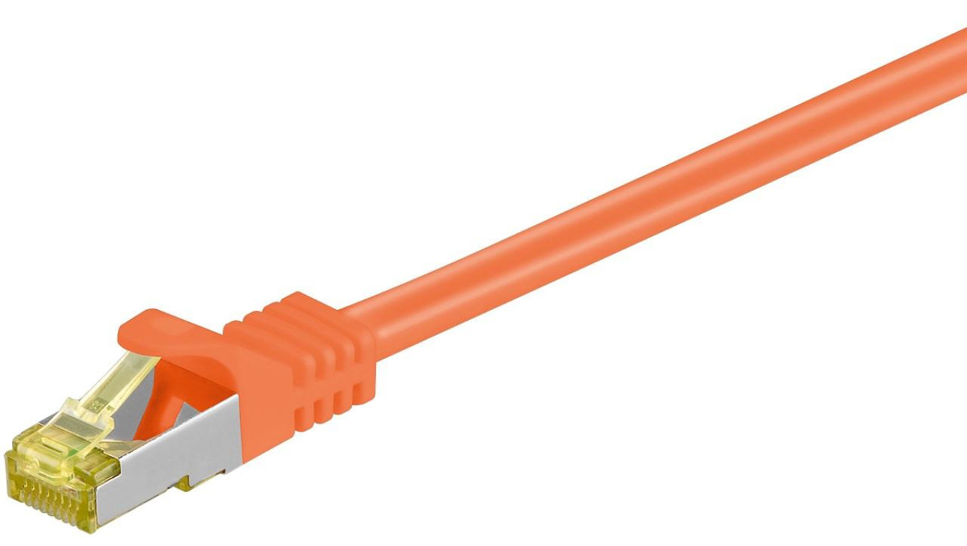 RJ45 patchkabel, CAT 6A S/FTP (PiMF), 500 MHz z CAT 7 kable surowym, Pomarańczowy - Długość kabla 0.5 m