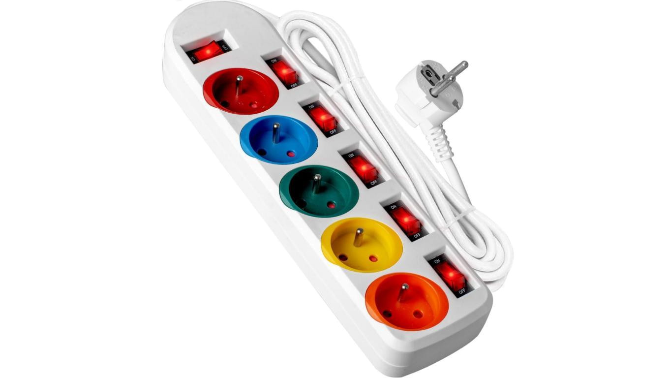 Przedłużacz 2M 5GN+0 10A biały / kolorowe gniazda VA0257 Vayox