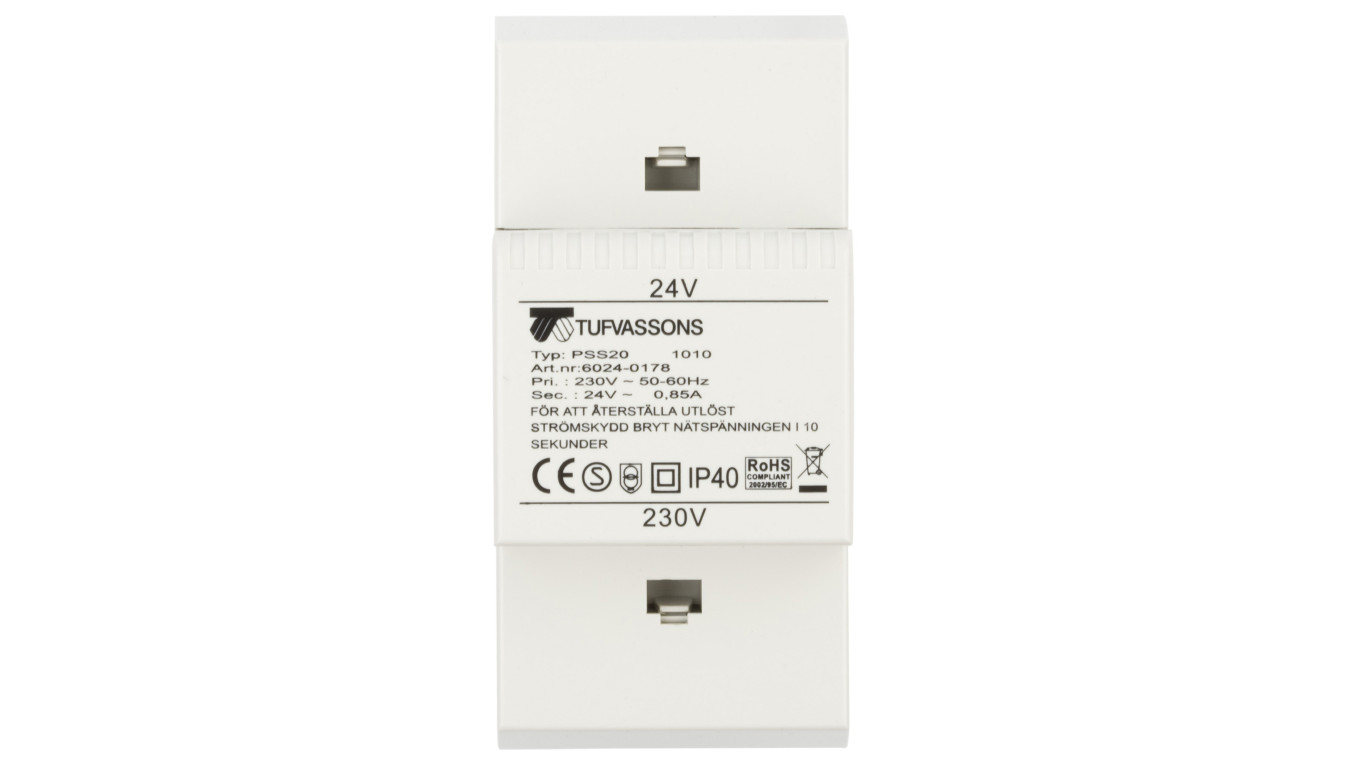 Transformator 1-fazowy modułowy bezpieczeństwa PSS 20 230/ 24V 0,85A, na szynę DIN, IP40, Ta 40, 16024-0178