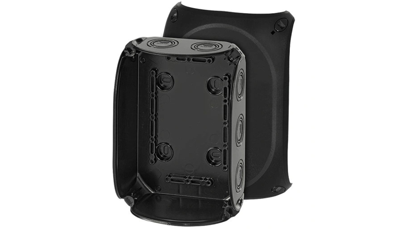 Puszka instalacyjna KF 1000 B natynkowa bez zacisków z linką łączącą pokrywę z podstawą 180x130x77mm hermetyczna IP66 czarna HEN