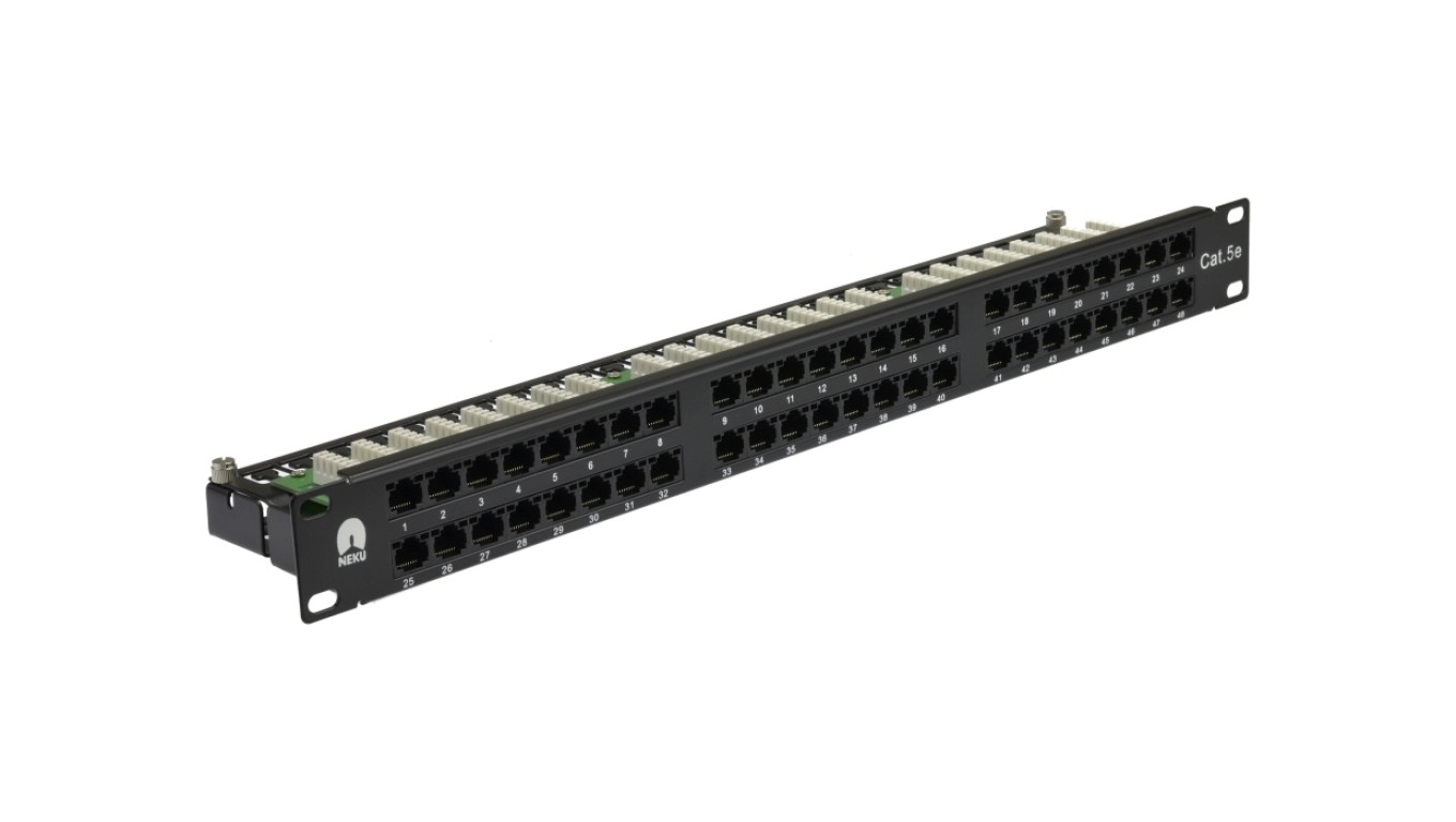 Patch panel RACK 19 kat.5e 48p UTP z półką 1U czarny NEKU