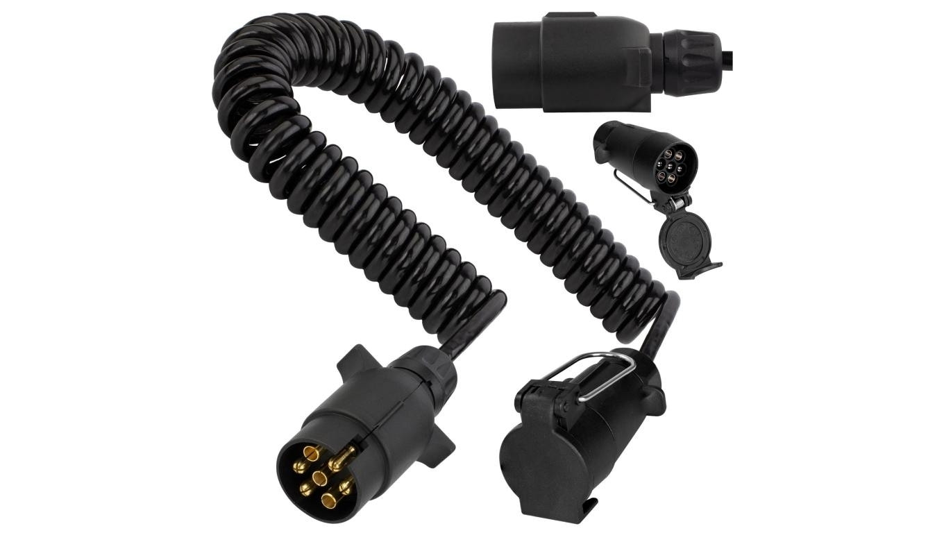 Przedłużacz spiralny QLY-s kabel do przyczepy zakończony plastikowymi złączami 7-pin 12V (gniazdo podwieszane / wtyk) 4m