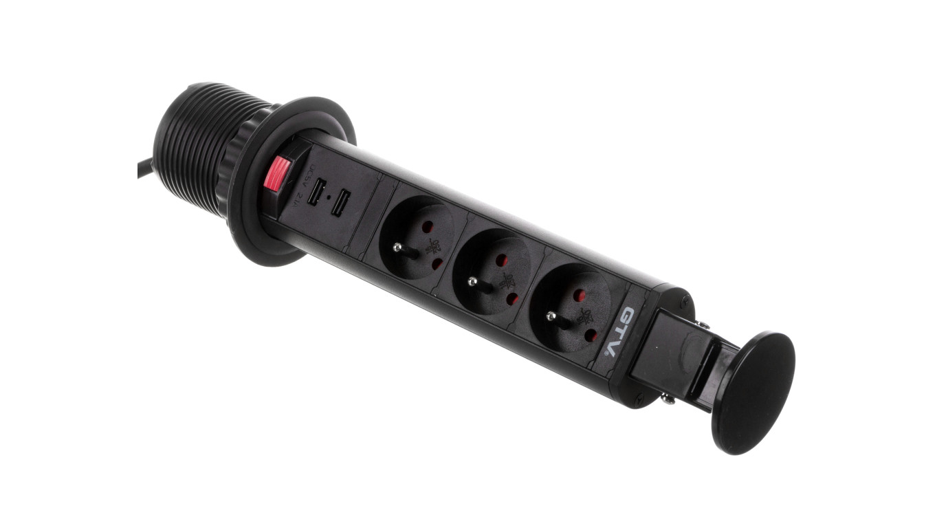 Biurkowy przedłużacz wpuszczany fi 60mm czarny 3x gniazdo z uziemieniem 2xUSB 2,1A 5V AE-BPW3U60U-20