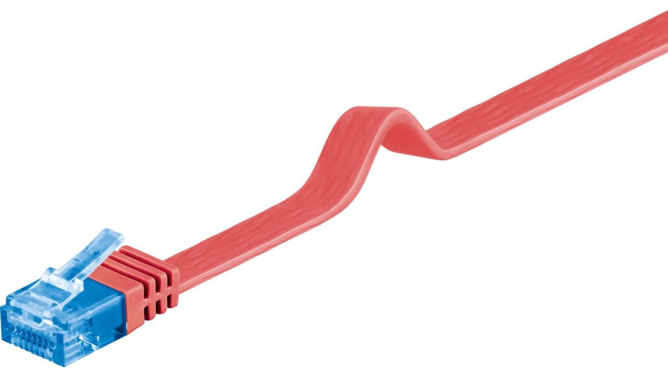 CAT 6A Płaska Kabel połączeniowy,U/UTP, Czerwony - Długość kabla 0.5 m