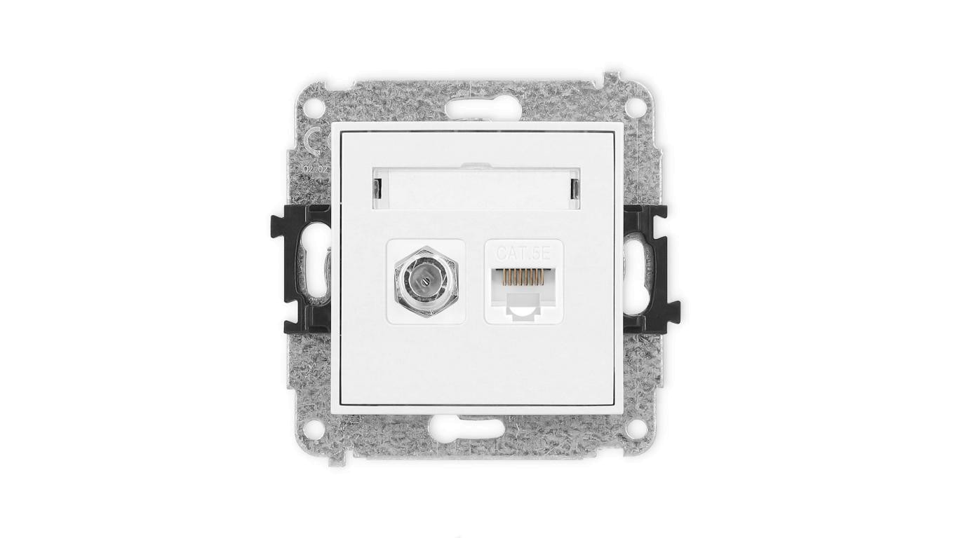 ICON Mechanizm gniazda antenowego poj. typu F (SAT) + gniazda komp. poj. 1xRJ45, kat. 5e, 8-stykowy biały IGFK-1