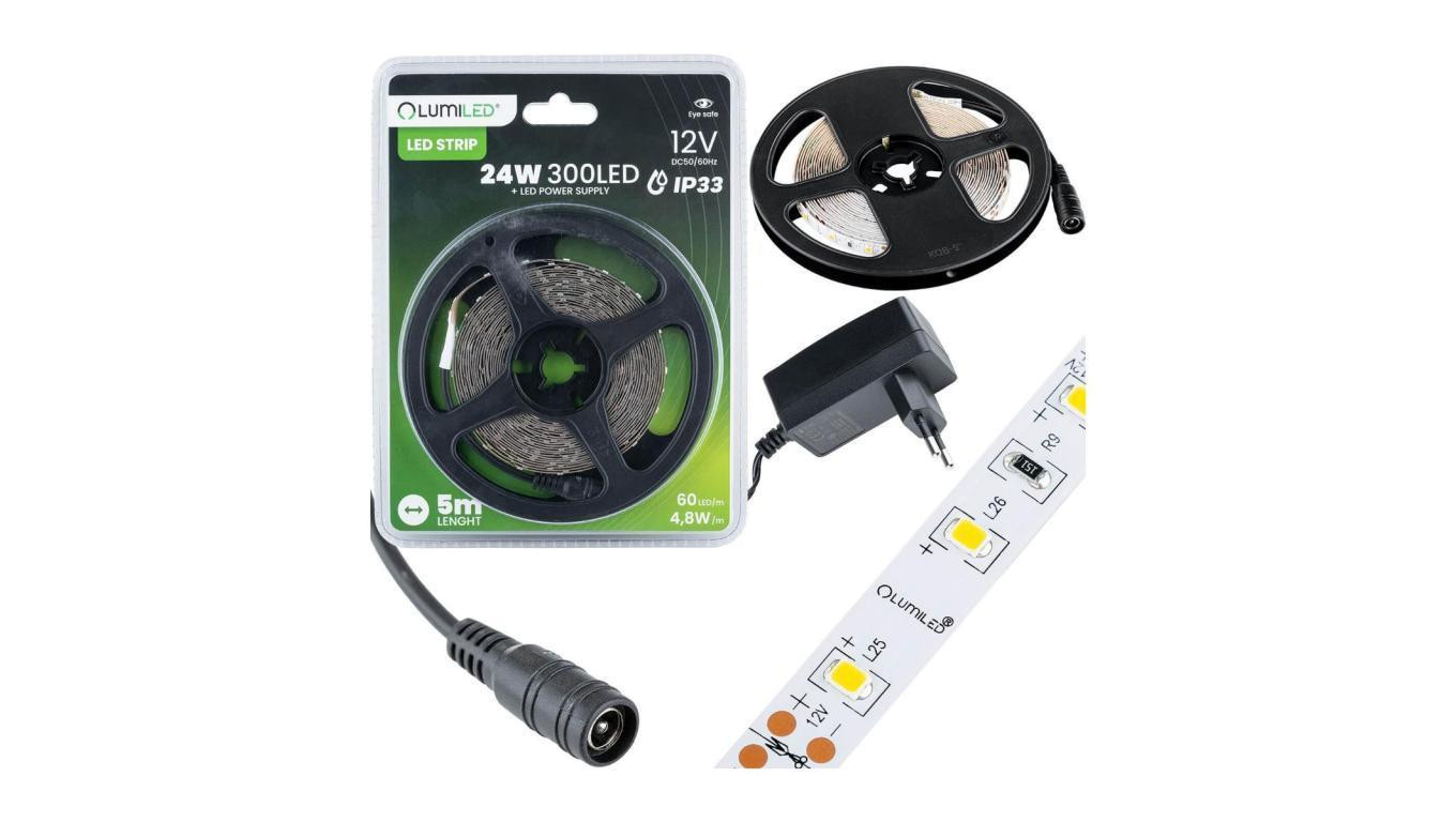 Zestaw Taśma LED Pasek 12V 24W 300LED SMD 2835 Zimna 8mm 5m + Zasilacz