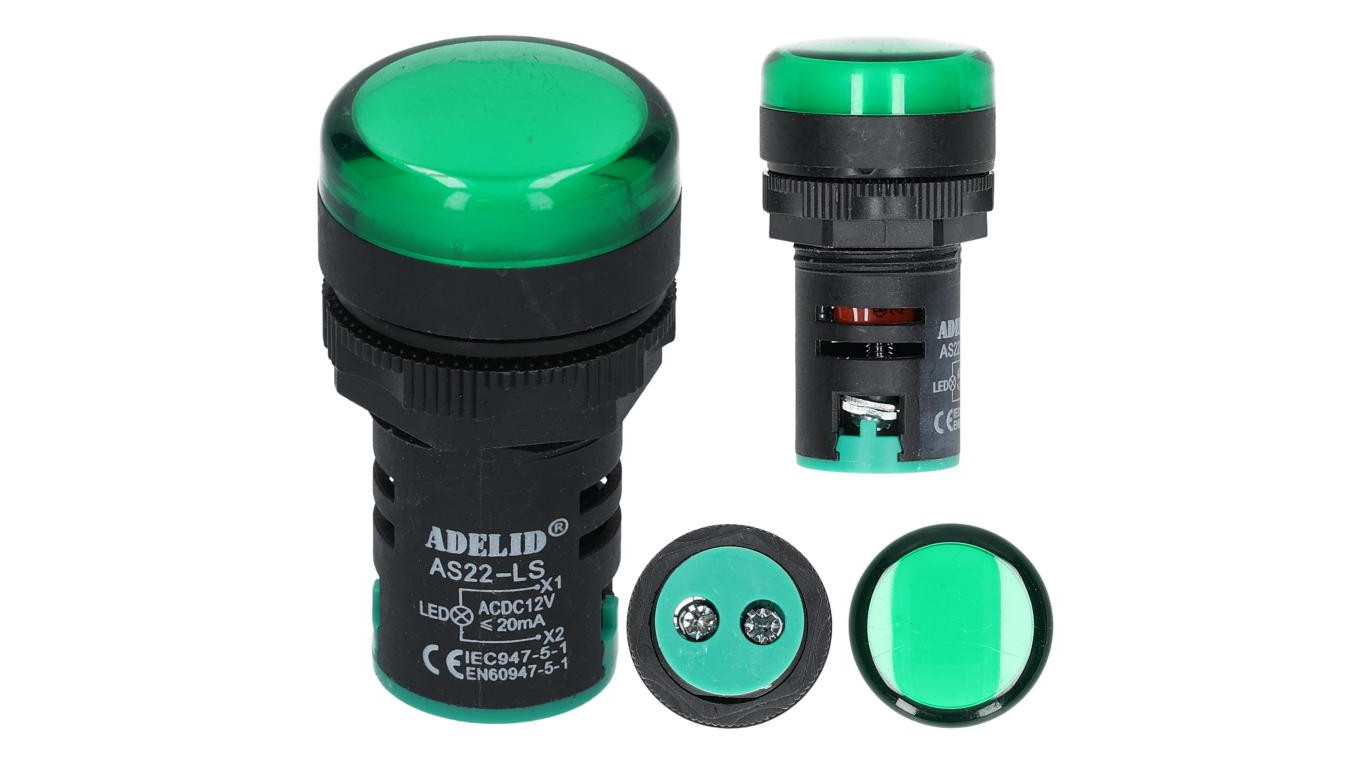 Lampka kontrolna sterownicza zielona LED fi:22 12V