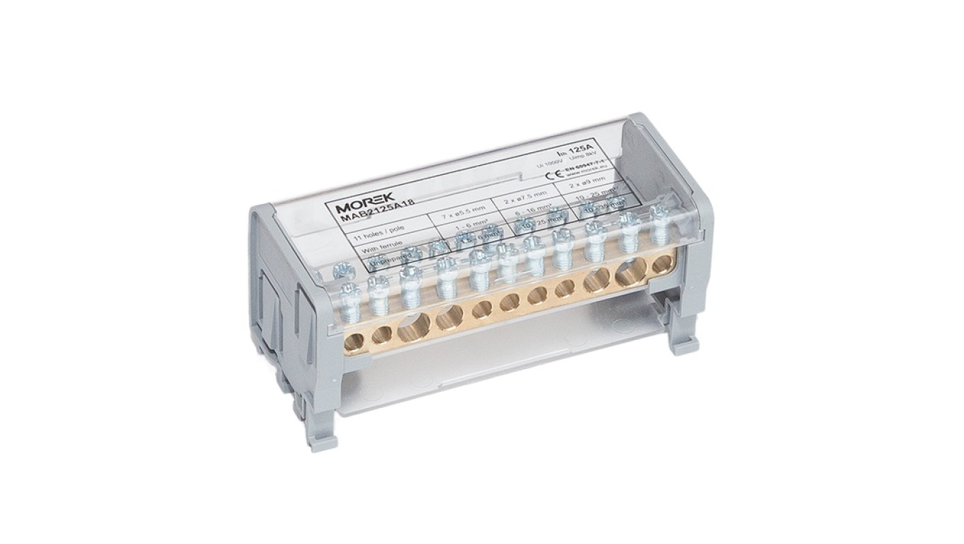 Blok dystrybucyjno-rozdzielczy MOBLOCK 2P 1000V, 125A-11 2x35mm2 + 2x25mm2 + 7x6mm2 TS35 MAB2125A18