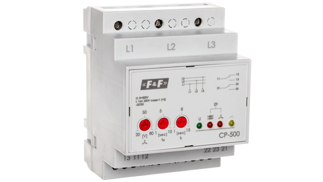 Przekaźnik kontroli napięcia 3-fazowy 2P 2x8A 3x500V 150-210V AC (bez N) CP-500