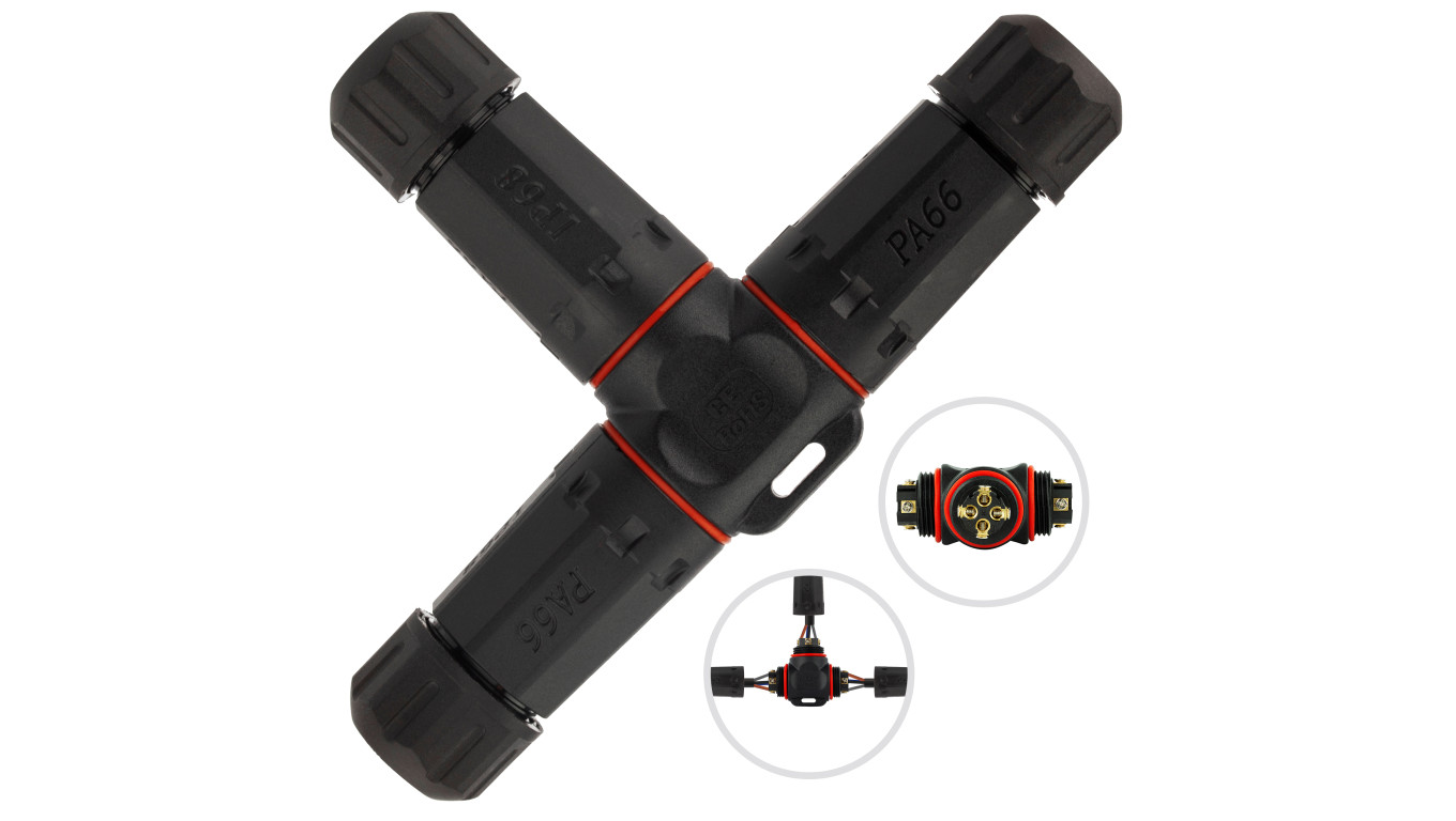 Mufa hermetyczna z dławikami 4x4mm2 IP68 PA66 250V trójnik T czarna NEKU