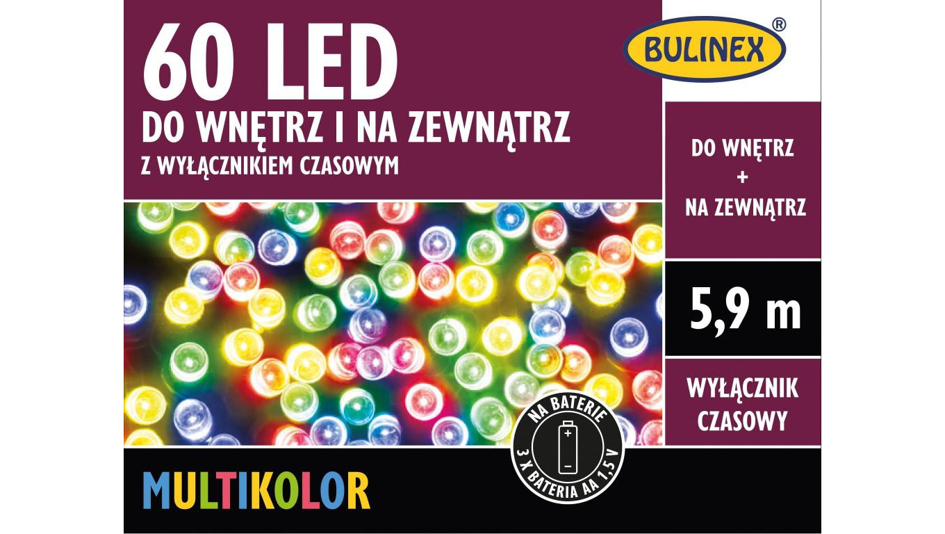 BULINEX 60LED MULTIKOLOR 5 9M NA BATERIE +WYŁ.CZASOWY