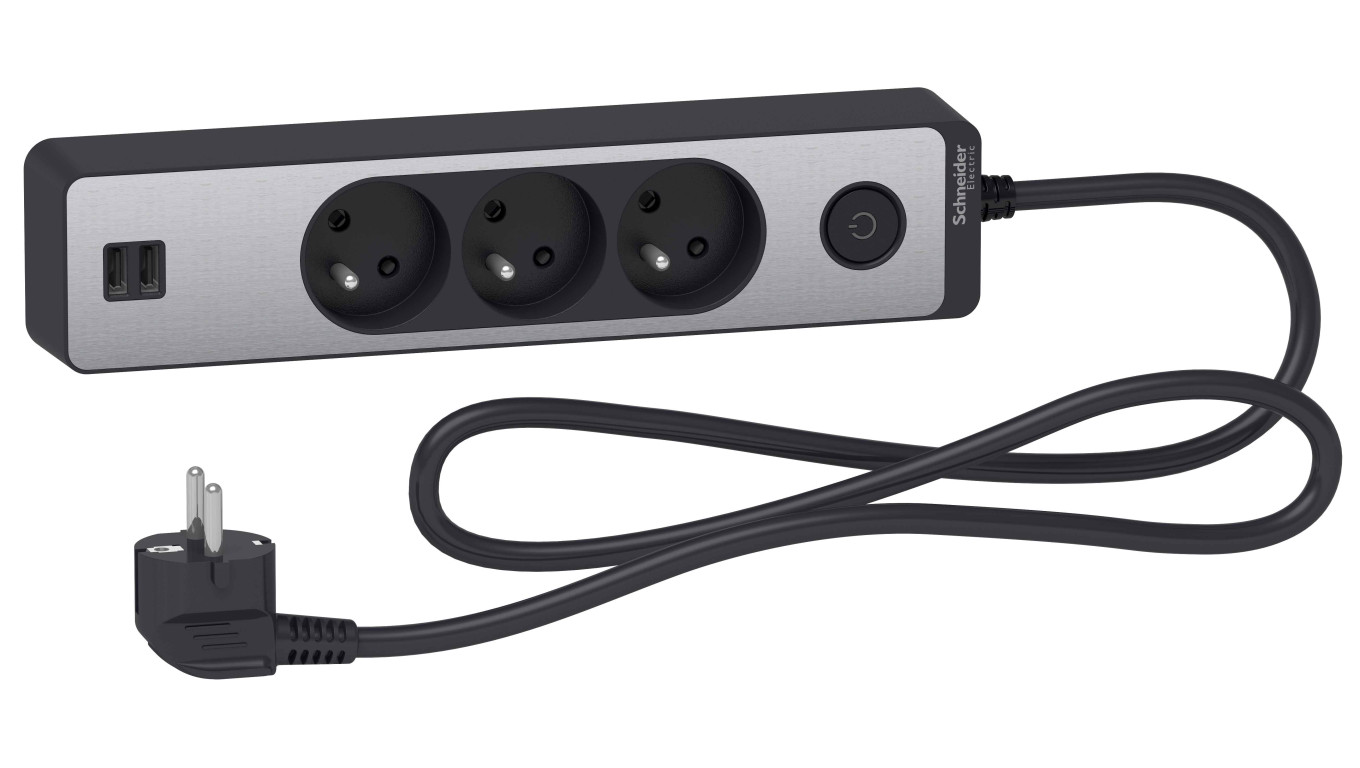 Odace Przedłużacz 3 gniazdowy z łącznikiem 2x USB, 1,5m antracyt+szczotkowane aluminium ST933U1BA