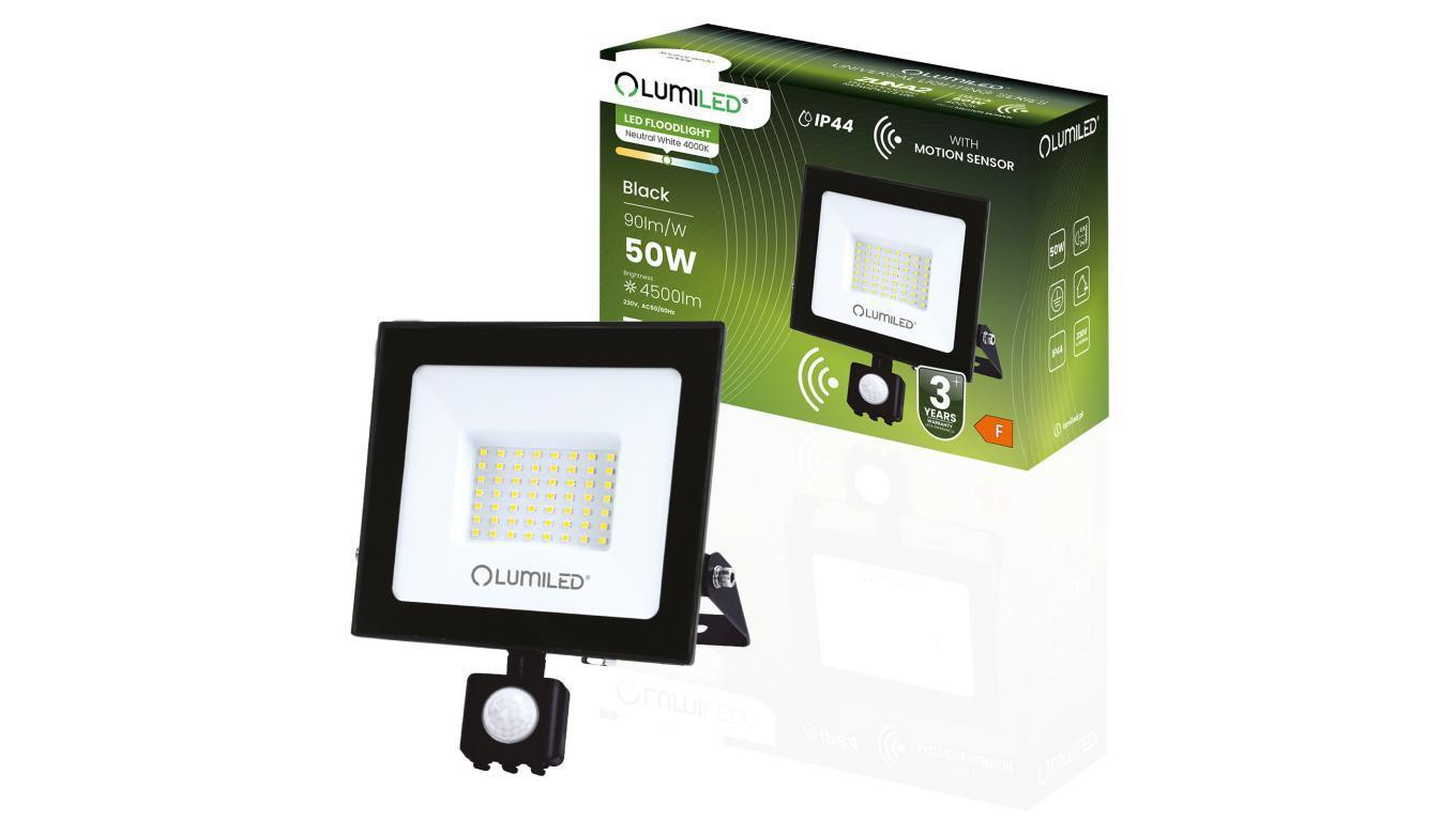 Naświetlacz LED ZUNA2 50W 4500lm 4000K IP44 Czarny Czujnik Ruchu LUMILED