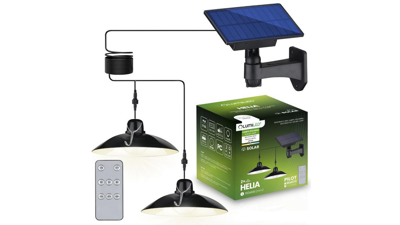2x Lampa Solarna LED HELIA Żyrandol Wisząca Ogrodowa Sufitowa Czujnik Pilot Panel LUMILED