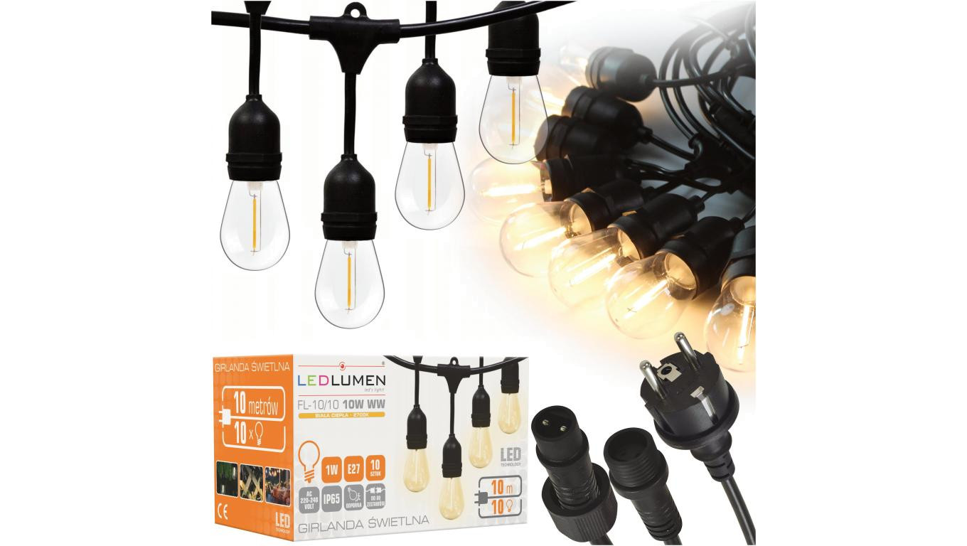 Girlanda ogrodowa 10m IP65 10xE27 LED 1W biała ciepła łańcuch świetlny