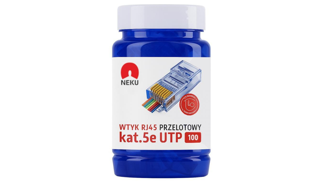 Wtyk modularny RJ45 8P8C kat.5e nieekranowany UTP uniwersalny drut linka przelotowy niebieski NEKU opakowanie SŁOIK 100szt.