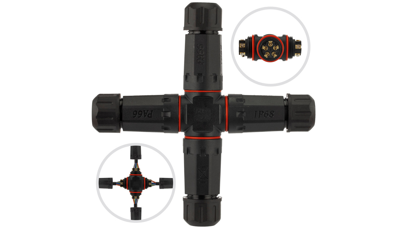 Mufa hermetyczna z dławikami 5x4mm2 IP68 PA66 250V czwórnik X czarna NEKU