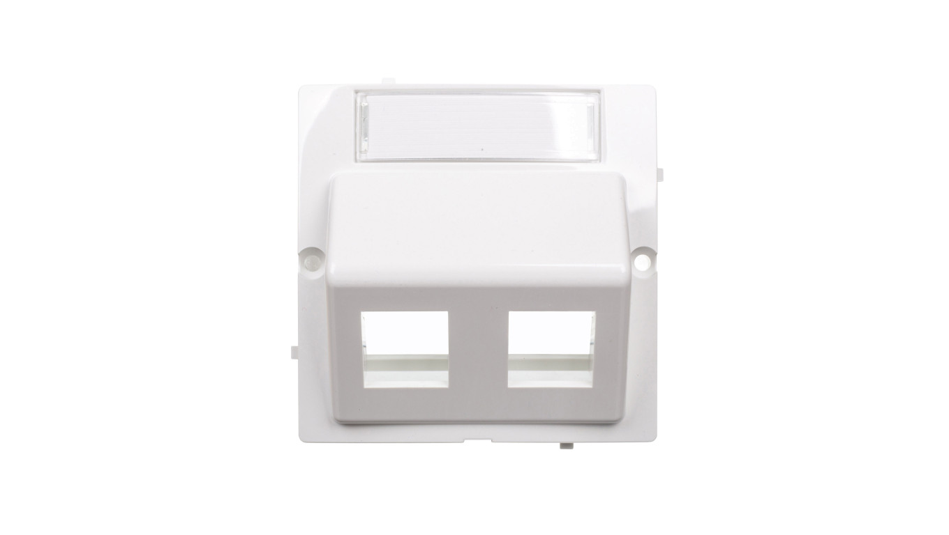 Simon Basic Pokrywa gniazda teleinformatycznego podwójnego RJ skośna z polem opisowym biała BMGKS2P/11