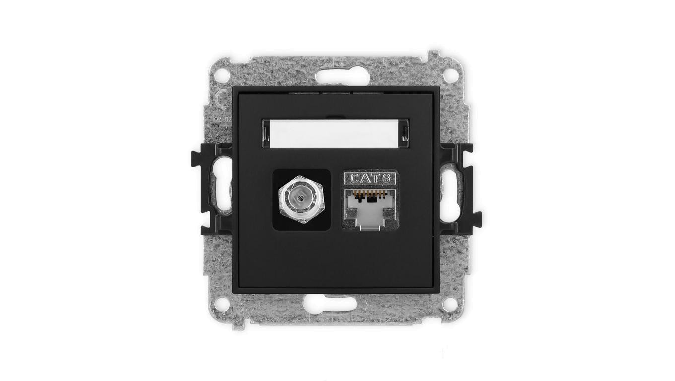 ICON Mechanizm gniazda antenowego poj. typu F (SAT) + gniazda komp. poj. 1xRJ45, kat. 6 ekranowane, 8-styk czarny mat 12IGFK-5