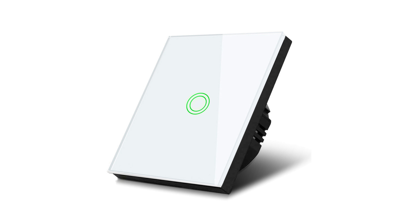 Dotykowy włącznik światła Maclean, pojedynczy, schodowy, krzyżowy, szklany, biały z okrągłym podśw. przycisku, 86x86mm, MCE710W