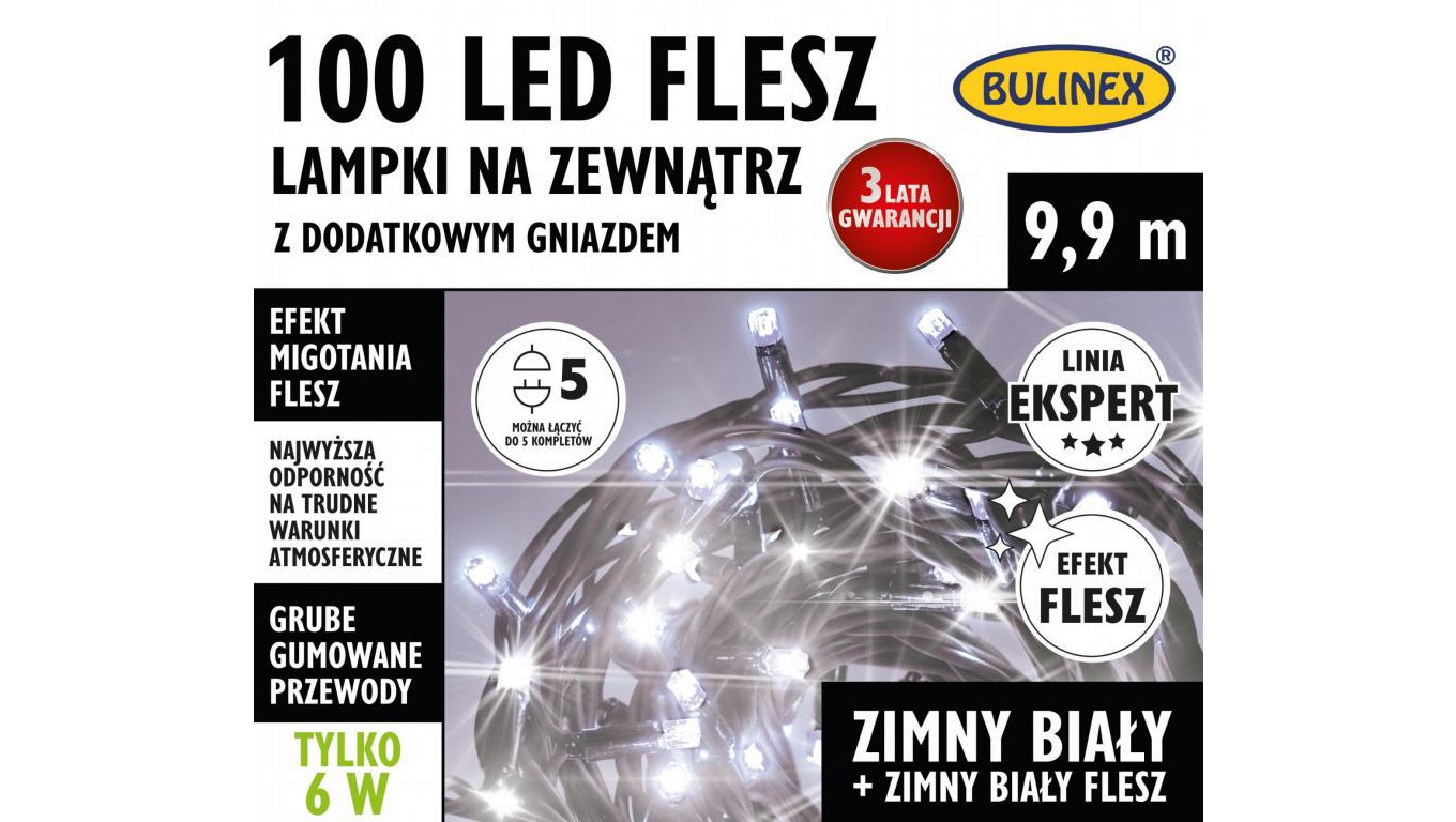 Lampki Bulinex 100led białe zimne 9,90m zewnętzrne flesz z dodatkowym gniazdem sznur