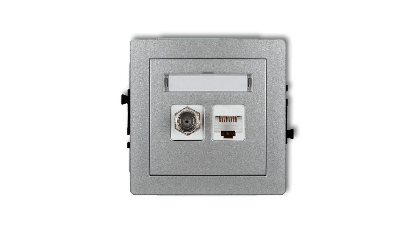 DECO Gniazdo antenowe pojedyncze typu F (SAT) + gniazda komputerowe pojedyncze 1xRJ45 kat. 5e 8-stykowy srebrny metalik 7DGFK-1