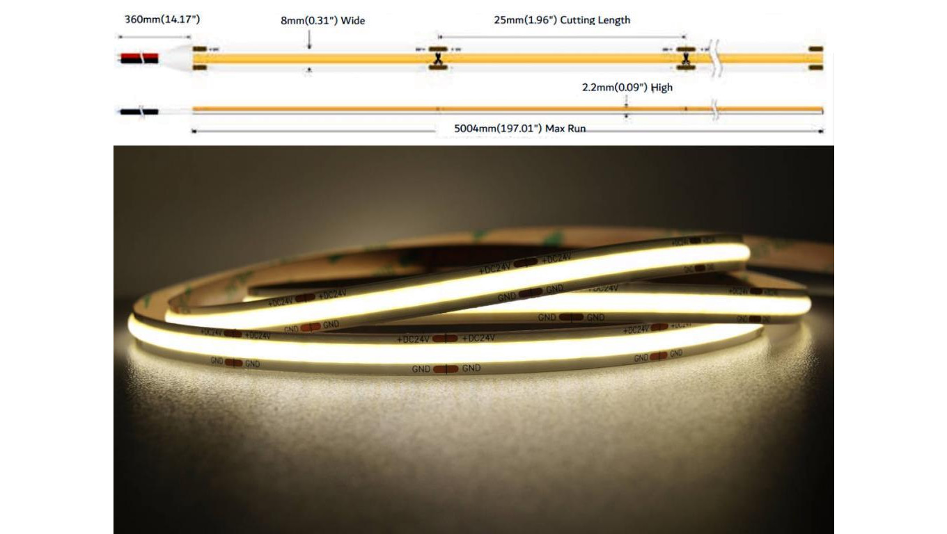 UQS-COB-8W-NW-12V-50m Profesjonalna taśma LED typu COB, 8W 320 chips/m, CRI 90, 12V, biala neutralna, 4000K, IP20, 50m