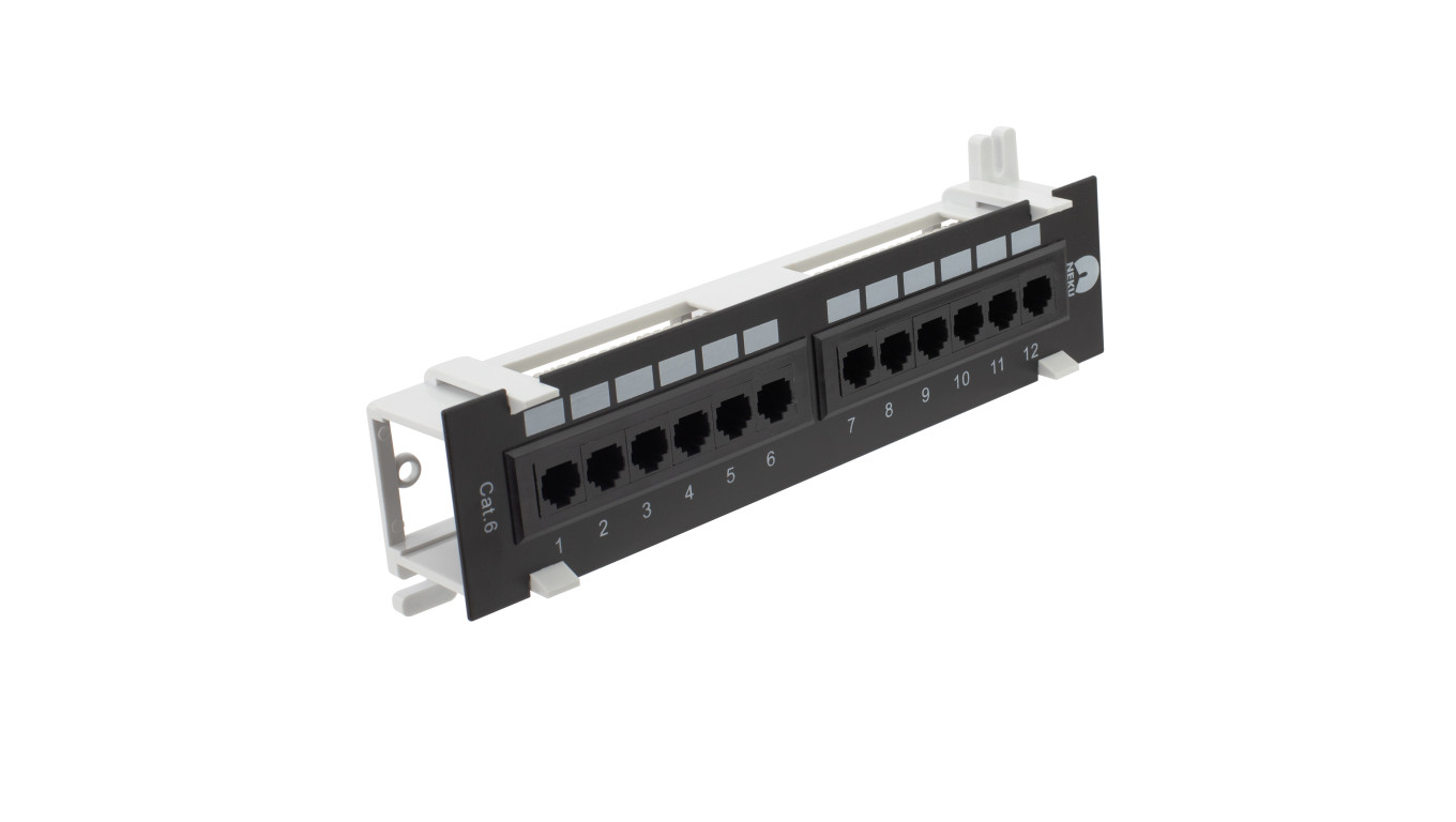 Patch panel naścienny 10 cali 1U kat.6 12p UTP czarny NEKU