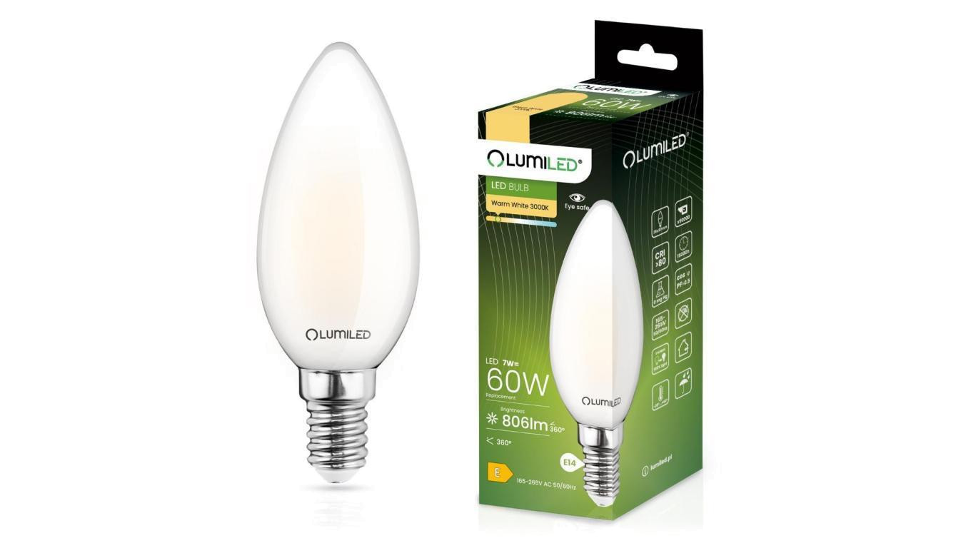 Żarówka LED E14 B35 7W 806lm 3000K Ciepła 360 Filament LUMILED