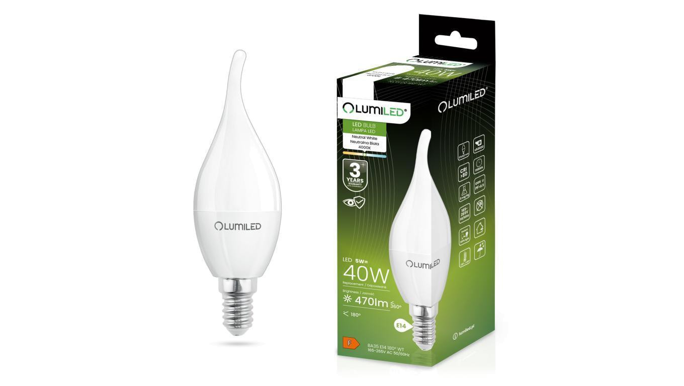 Żarówka LED E14 BA35 5W = 40W 470lm 4000K Neutralna 180 Lumiled